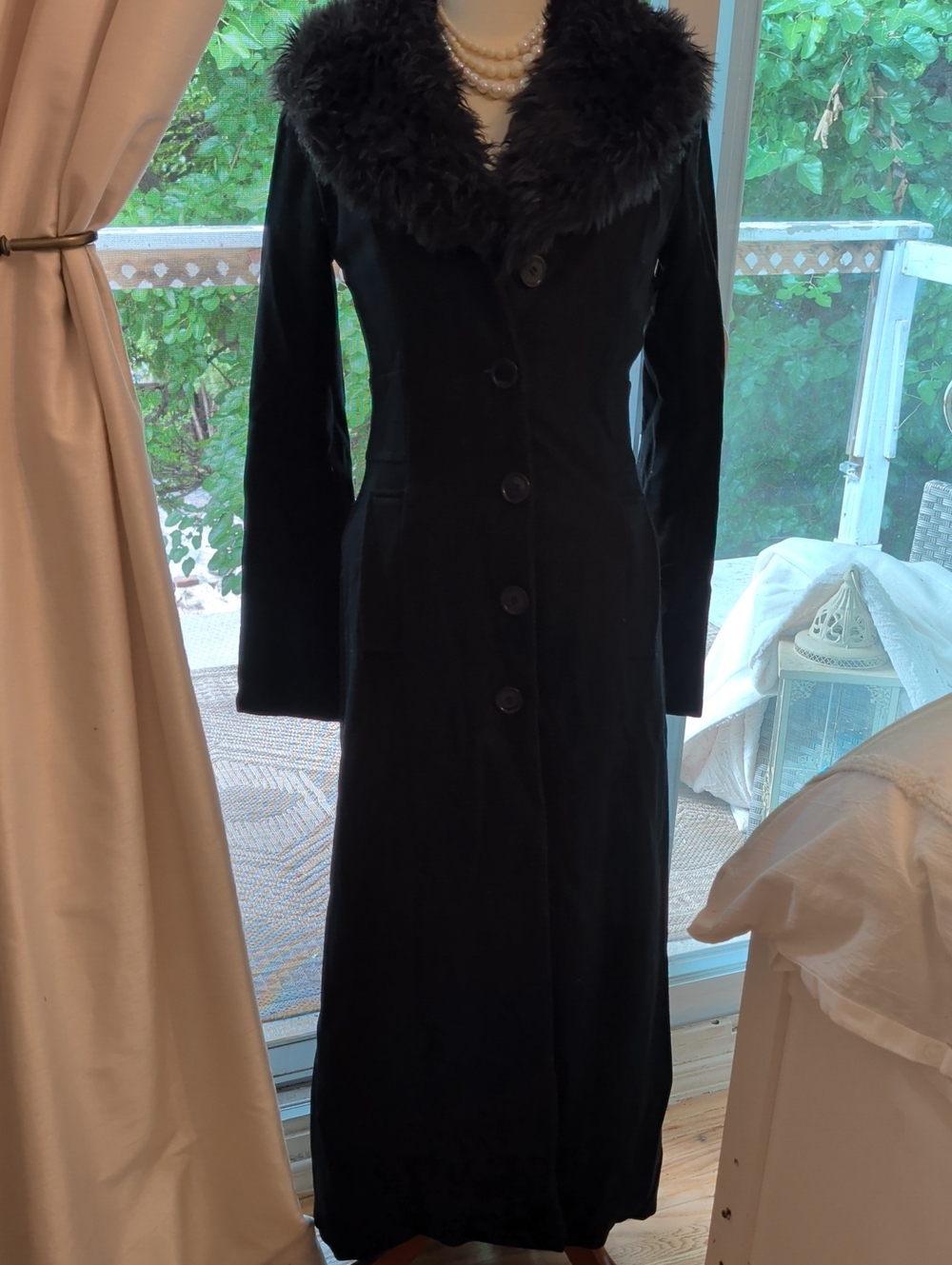 Black Faux-Fur Collar Long Women's Dress Coat